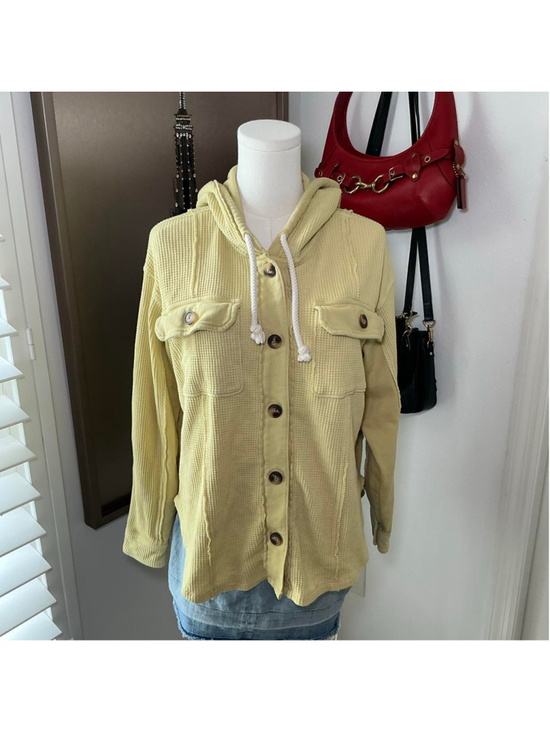 American Eagle Outfitters Tops - American Eagle Yellow Waffle Knit Hooded Button Up Shacket Small